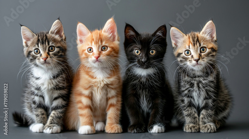 Kittens of different colors sitting next to each other on a gray background, minimalistic photo 