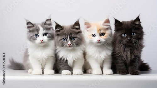 Kittens of different colors sitting next to each other on a gray background, minimalistic photo 