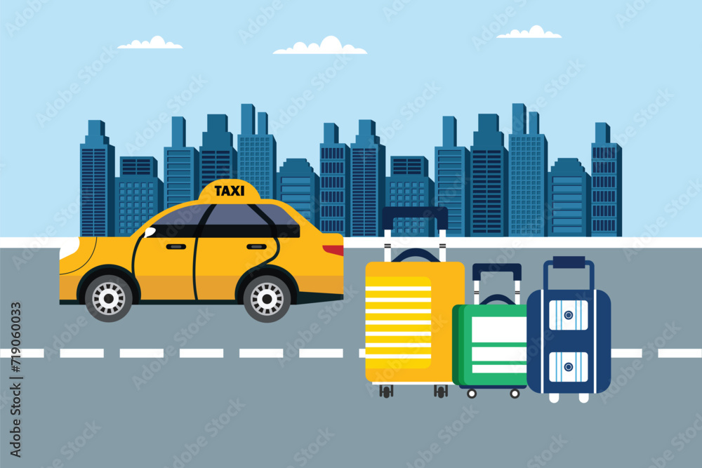  Yellow cab with driver and baggage in the city