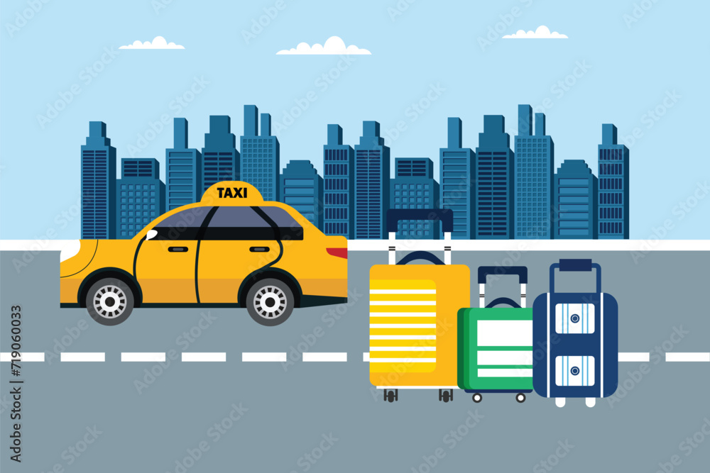 Yellow cab with driver and baggage in the city Yellow cab with driver and baggage in the city