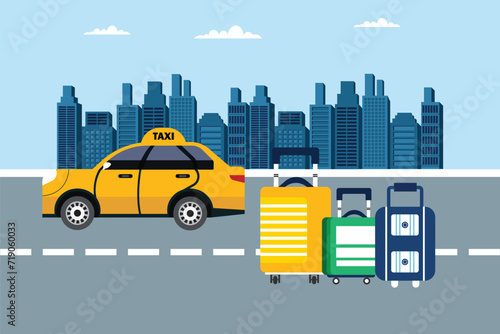  Yellow cab with driver and baggage in the city