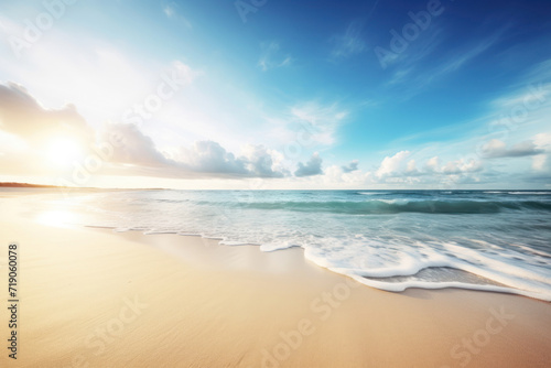 Tropical beach with sunset sky and clouds background. Summer vacation and travel concept. Generative ai.