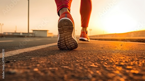 Legs of a person running on the street. Focus on the person's penis.