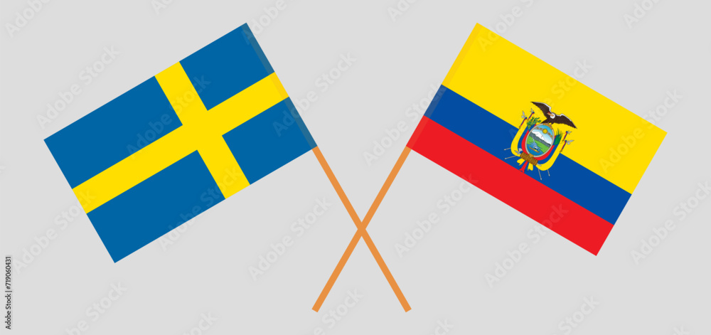 Crossed flags of Sweden and Ecuador. Official colors. Correct proportion