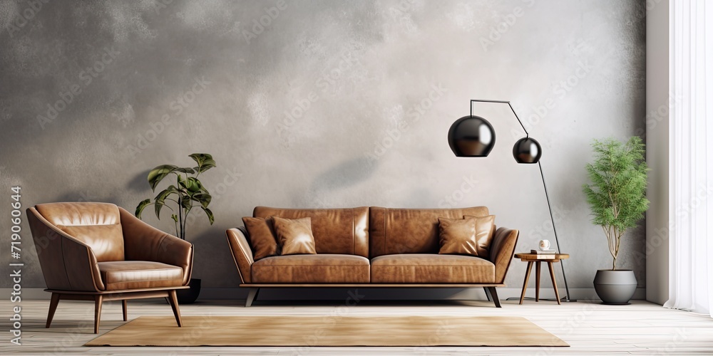 Modern interior with a spacious room hosting a leather sofa and armchair. - obrazy, fototapety, plakaty 