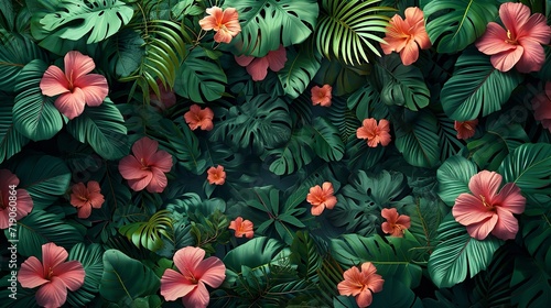 Top view lush floral intricate background with green leaves and flowers among nature, Generative AI.