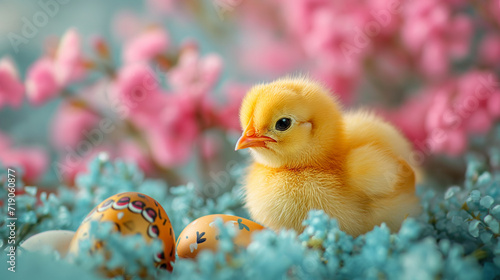 Cozy composition with a cute and funny little yellow chicken and painted colorful Easter eggs on a blurred floral background. Beautiful spring card © Katrin_Primak