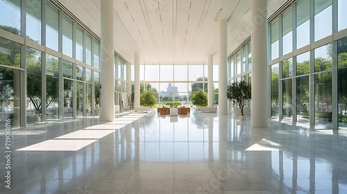 Spacious spacious bright hall with large glass windows, columns and reflection on the polished floor concept: business office, architecture design