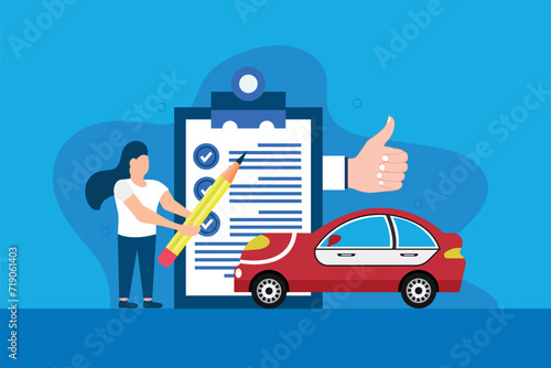 Car insurance document, report. Paper agreement checklist or loan checkmarks form list approved with automobile icon