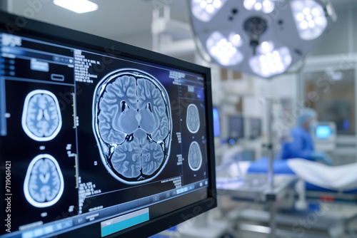 Brain of comatose patient in an intensive care unit is analyzed using tomography AI Generation photo