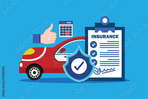 Car insurance document, report. Paper agreement checklist or loan checkmarks form list approved with automobile icon