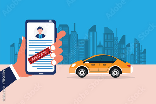 Vector of a business man holding approved application for car loan