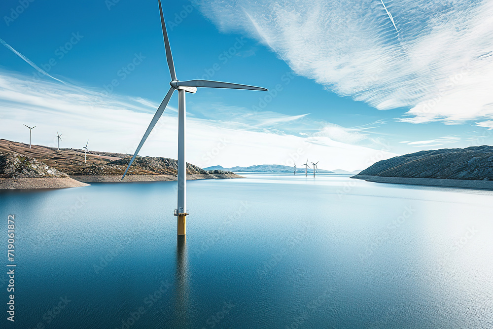 the beauty of a wind turbine farm set against the backdrop of an expansive lake, illustrating the harmony between wind and water energy generation.