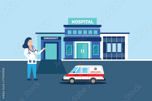 Medical concept with hospital building and doctor in flat style. and ambulance car