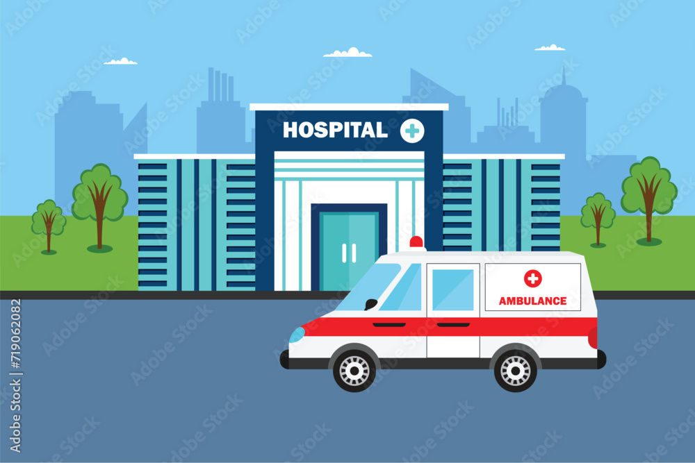 Medical concept with hospital building in flat style. City background with hospital building, ambulance car