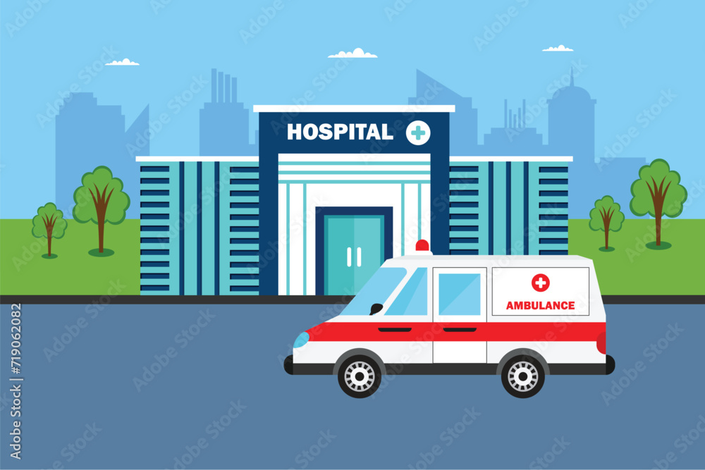 Medical concept with hospital building in flat style. City background with hospital building, ambulance car Medical concept with hospital building in flat style. City background with hospital building, ambulance car