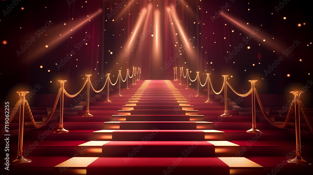 Red carpet on the stairs on dark background, the way to glory, victory and success Red carpet on the stairs on dark background, the way to glory, victory and success