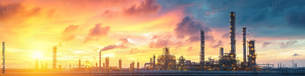 Oil and natural gas refinery with storage tanks, oil production facilities or petrochemical plant infrastructure and oil demand price graph is a wide sign.