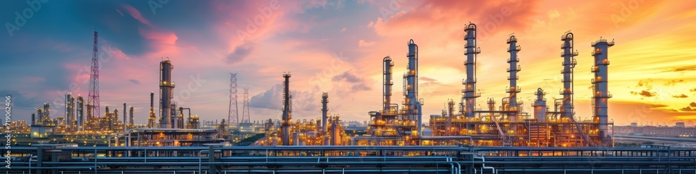 Oil and natural gas refinery with storage tanks, oil production facilities or petrochemical plant infrastructure and oil demand price graph is a wide sign. Oil and natural gas refinery with storage tanks, oil production facilities or petrochemical plant infrastructure and oil demand price graph is a wide sign.