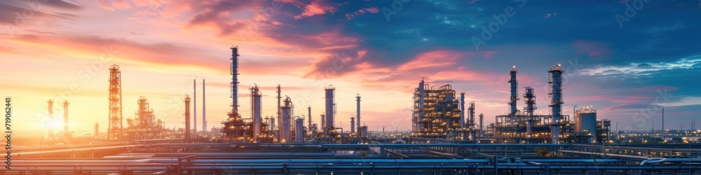 Oil and natural gas refinery with storage tanks, oil production facilities or petrochemical plant infrastructure and oil demand price graph is a wide sign. Oil and natural gas refinery with storage tanks, oil production facilities or petrochemical plant infrastructure and oil demand price graph is a wide sign.