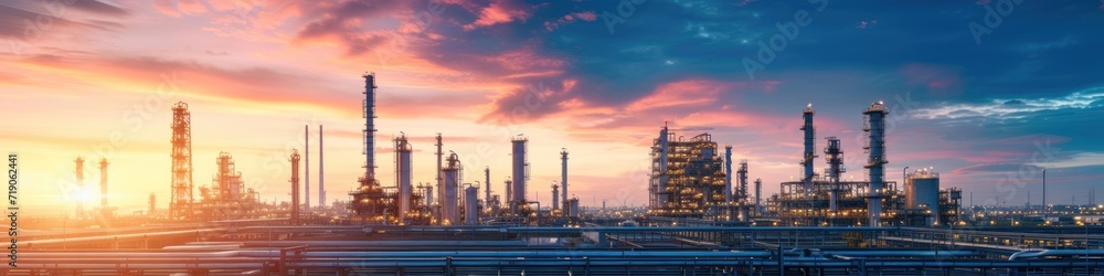 Oil and natural gas refinery with storage tanks, oil production facilities or petrochemical plant infrastructure and oil demand price graph is a wide sign.