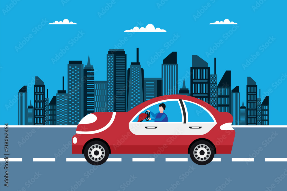 Redcar with a driver man on a background of abstract cityscape. Vector flat style illustration Redcar with a driver man on a background of abstract cityscape. Vector flat style illustration