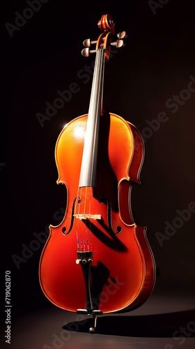 photo of a classical double bass standing in a room against a dark background illuminated by soft light concept: musical instrument, classical music