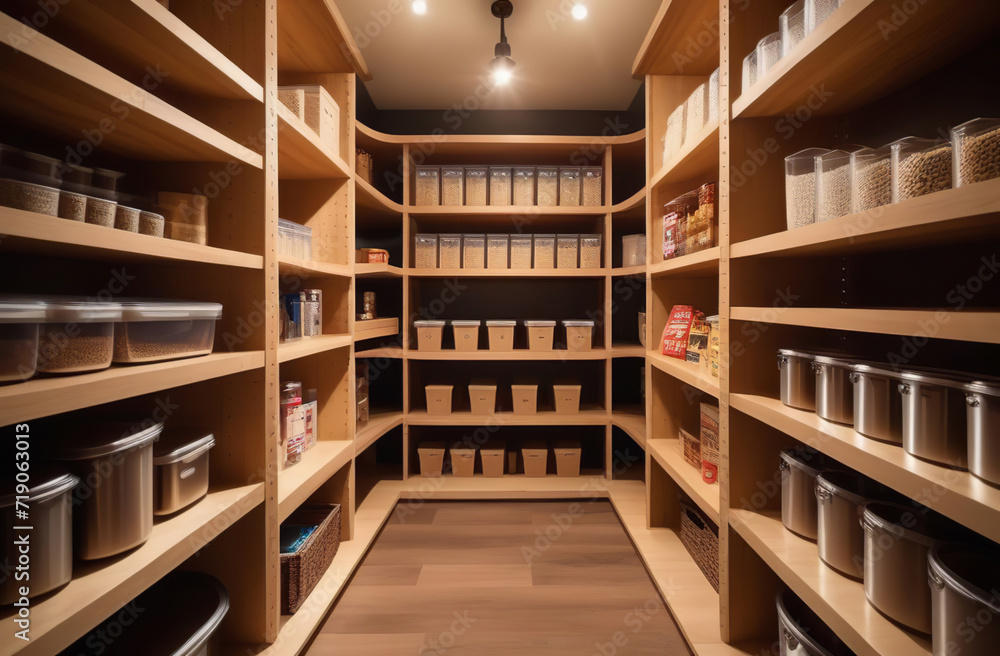 Storage organization at cupboard. Groceries in glass jars arranged on wall shelves. Organizing the kitchen pantry for foodstuff. Home design. Preserved foods, healthy eating, legumes, bulk items. Storage organization at cupboard. Groceries in glass jars arranged on wall shelves. Organizing the kitchen pantry for foodstuff. Home design. Preserved foods, healthy eating, legumes, bulk items.