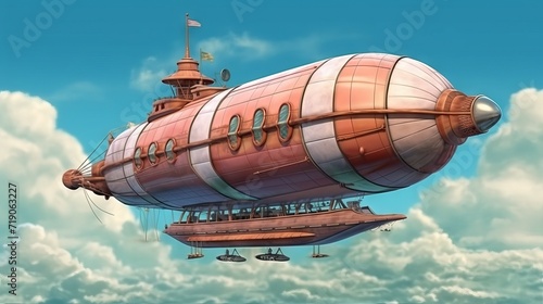 photo of a beautiful airship flying in a clear blue sky against a background of white clouds concept: aviation flights in the sky