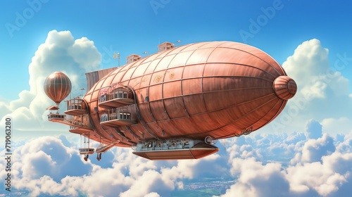 photo of a beautiful airship flying in a clear blue sky against a background of white clouds concept: aviation flights in the sky