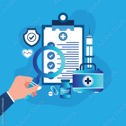 Medical insurance, medical care concept. Medical clipboard. Vector illustration.