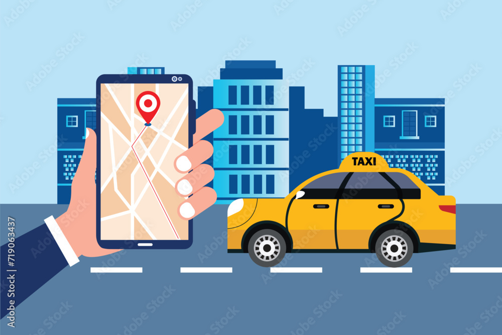 Taxi service. Taxi service application on the screen mobile. Online ordering taxi car. Smartphone screen with route and points location on a city map. Yellow car Taxi service. Taxi service application on the screen mobile. Online ordering taxi car. Smartphone screen with route and points location on a city map. Yellow car