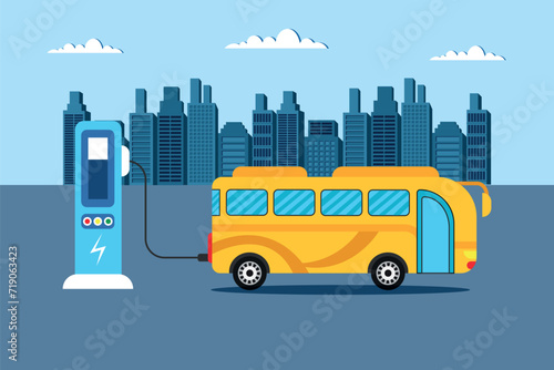 Yellow electric bus at refuelling power charging station on future city. Modern hybrid futuristic vehicle technology and eco public transport environment care