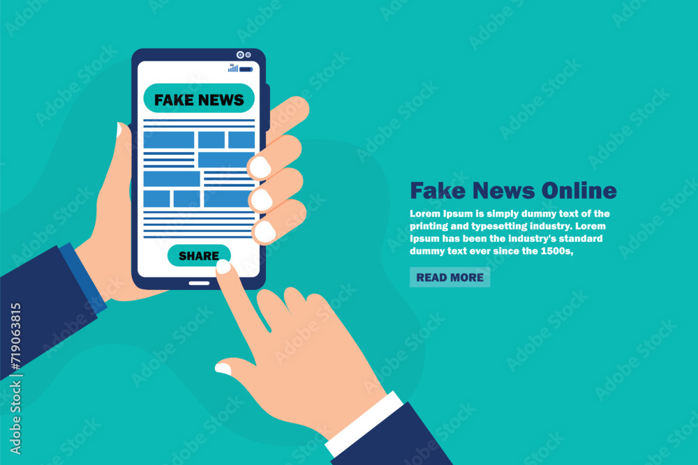 Hand holding smartphone reading fake news on mobile screen in flat design Hand holding smartphone reading fake news on mobile screen in flat design