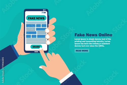 Hand holding smartphone reading fake news on mobile screen in flat design