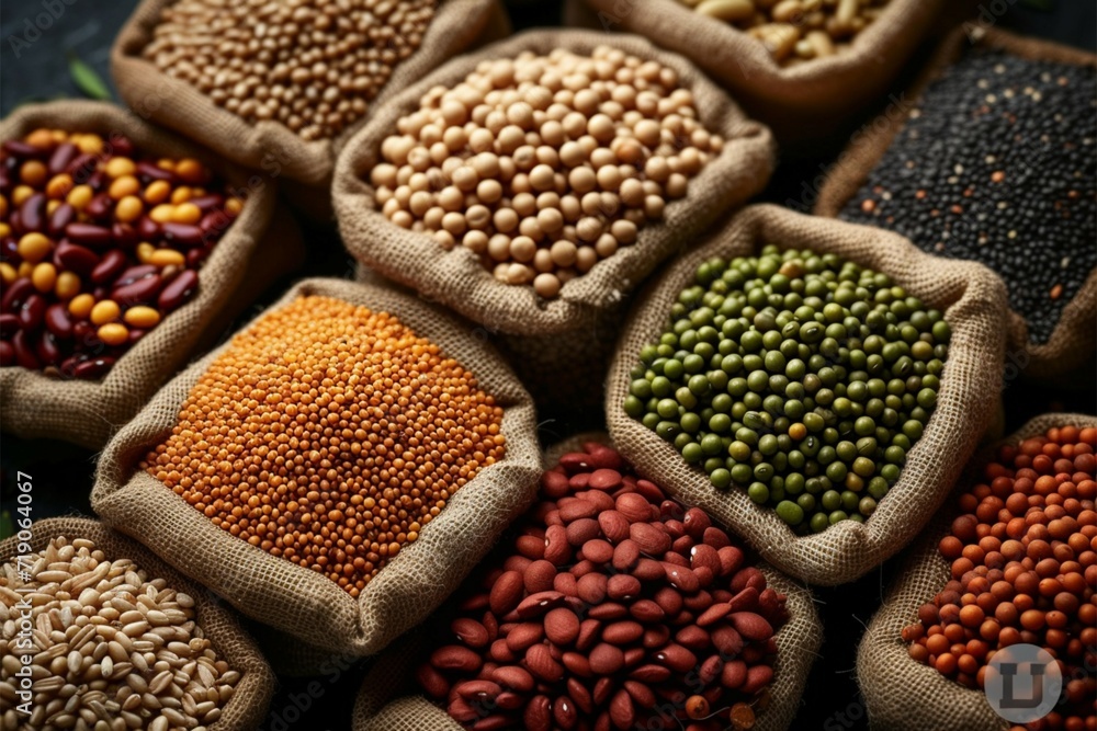 Organic abundance Variety of grains and legumes, top view collage Organic abundance Variety of grains and legumes, top view collage