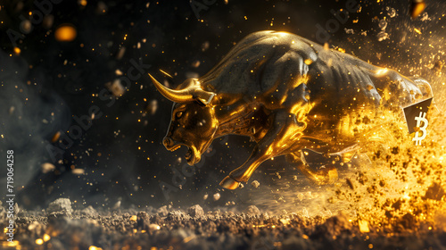 Golden Bull in Dynamic Charge Symbolizing Bitcoin Market Surge - Bullrun Concept