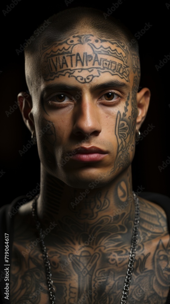 close-up photo of a man with tattoos on his face and body concept: belonging to Latin American gangs