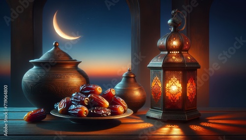 Ramadan Lanterns and Dates Shine Brightly on a Starry Night and Crescent Moon