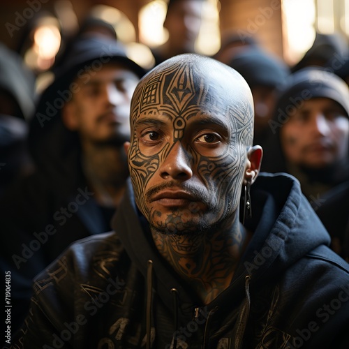 the leader of a Latino gang stands in the foreground with tattoos on his face and body, his gang stands behind him