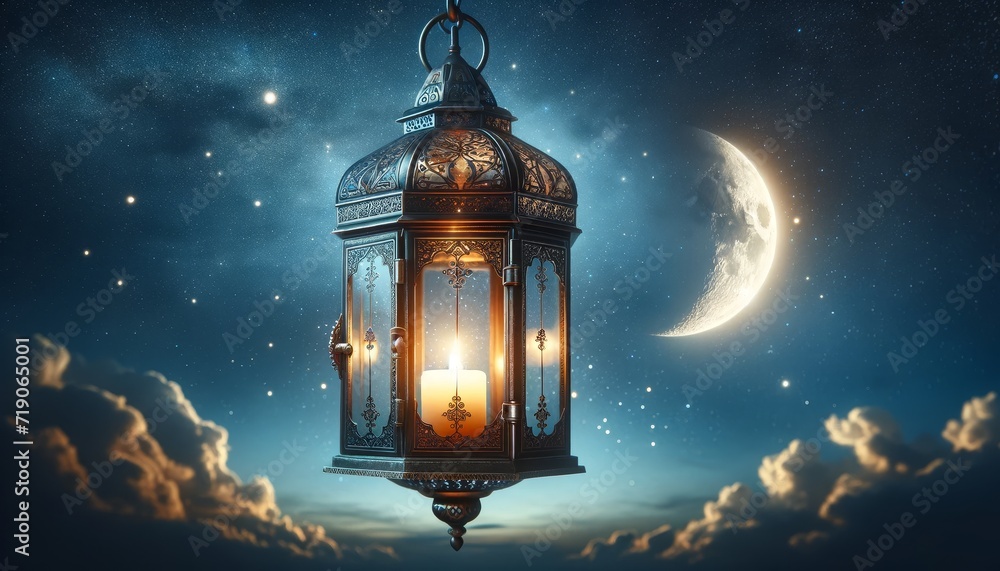 Ramadan Lanterns Shine Brightly on a Starry Night and Crescent Moon Ramadan Lanterns Shine Brightly on a Starry Night and Crescent Moon