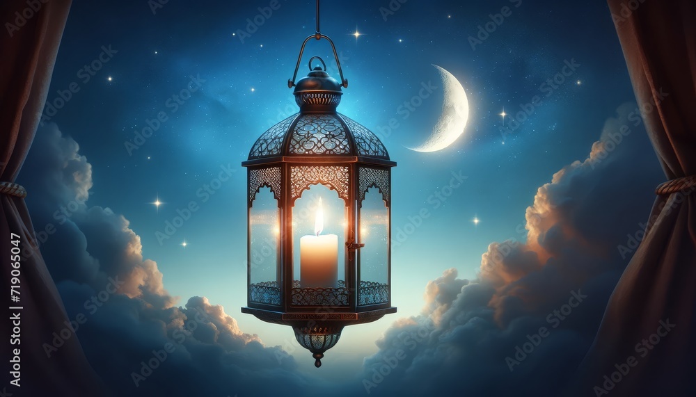 Ramadan Lanterns Shine Brightly on a Starry Night and Crescent Moon