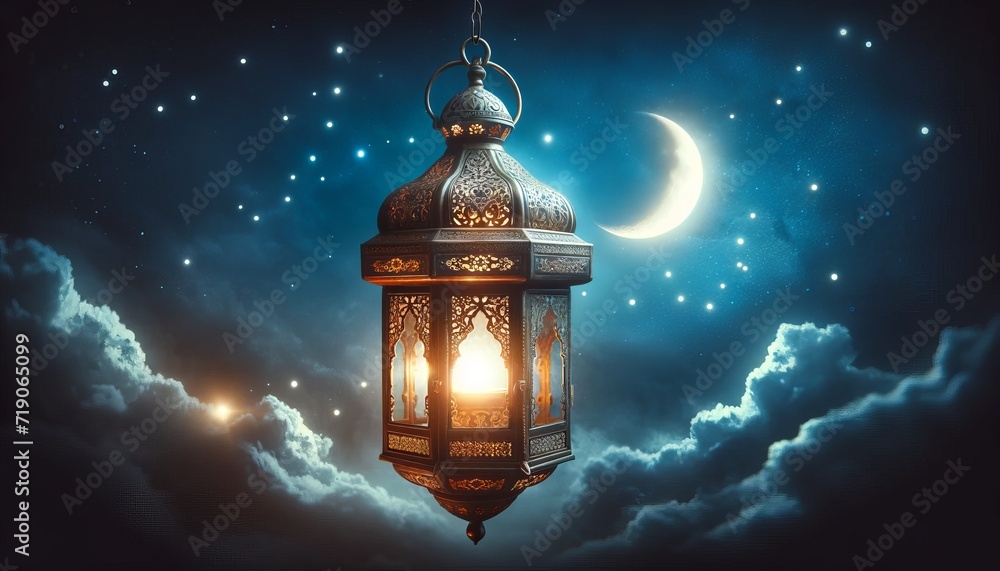 Ramadan Lanterns Shine Brightly on a Starry Night and Crescent Moon Ramadan Lanterns Shine Brightly on a Starry Night and Crescent Moon
