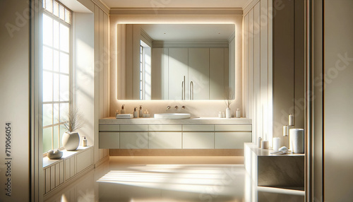 interior of a light bathroom with counters  a sink  and a mirror