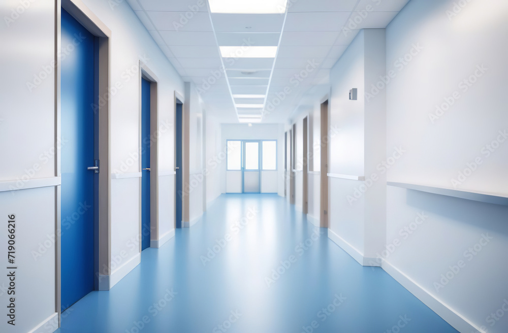 Empty corridor in modern Hospital ICU blurred background. Blur defocused interior of modern clinic. Abstract defocused corridor of medical centre, laboratory, lab. Healthcare and medicine concept.
