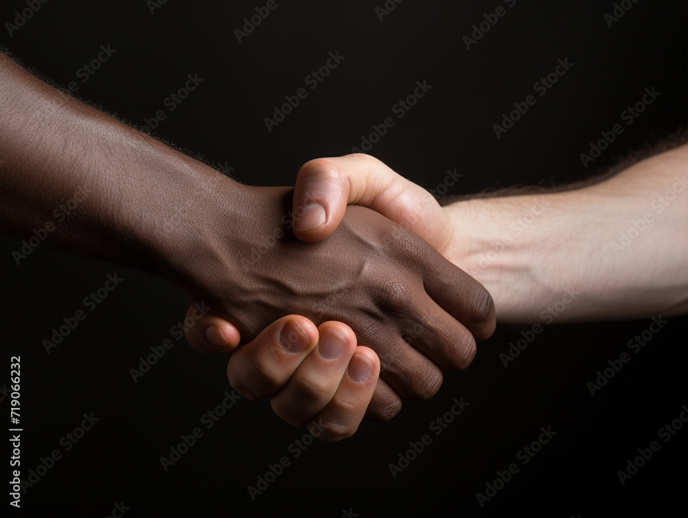 Two multiracial people shaking hands - ai generative