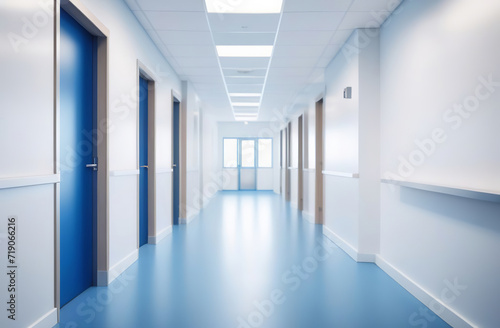 Empty corridor in modern Hospital ICU blurred background. Blur defocused interior of modern clinic. Abstract defocused corridor of medical centre  laboratory  lab. Healthcare and medicine concept.