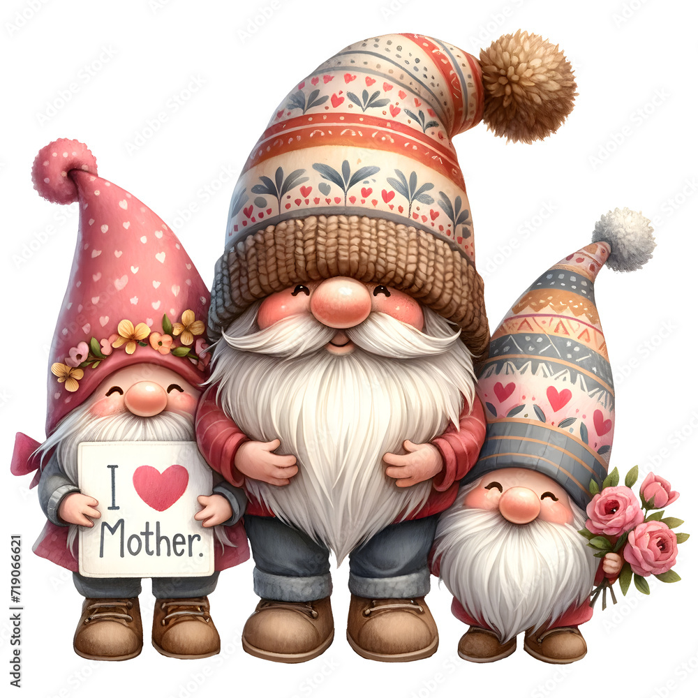 Cute Watercolor Gnome Mother's Day Clipart Illustration