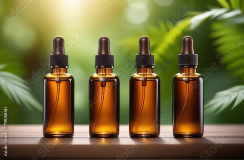 Amber brown dropper bottles and oily pipette. Blurry lush green foliage background. Bio Brand mockup. Face body care. Health eco product ad. Serum, oil. Skin care product. Beauty spa natural cosmetics