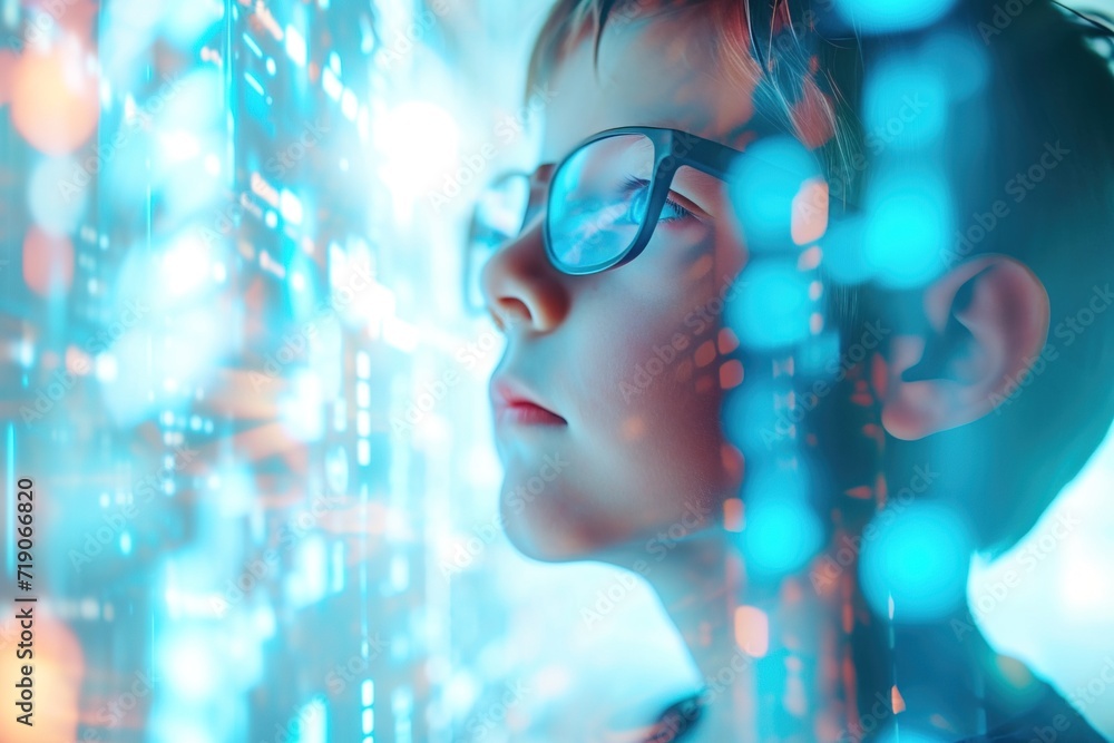 Futuristic side view portrait of Caucasian boy wearing eye glasses with computer vision and data technology background Futuristic side view portrait of Caucasian boy wearing eye glasses with computer vision and data technology background